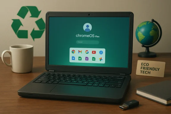 A ChromeOS Flex laptop on a wooden desk, with a recycling symbol, globe, mug, and an “Eco Friendly Tech” sign.