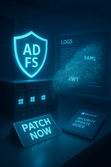 Neon AD FS shield looms over servers, with a patch now sign and security guide nearby.