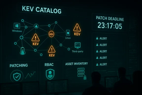 Neon cyber security dashboard displaying KEV catalog, patching, alerts, and asset inventory.