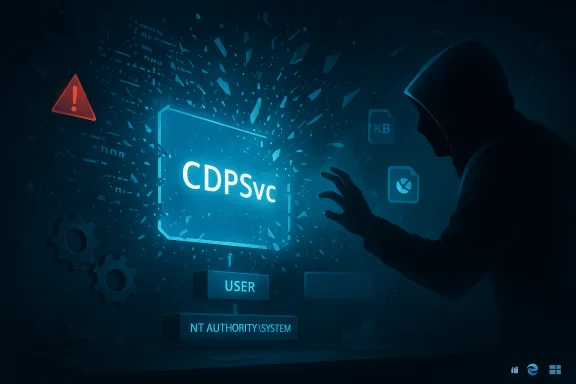 A hooded figure manipulates a glowing holographic screen labeled CDPSvc in a cyber-security scene.