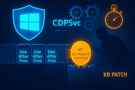 Neon cyber-security illustration of a Use-After-Free exploit injecting into NT AUTHORITY\SYSTEM.
