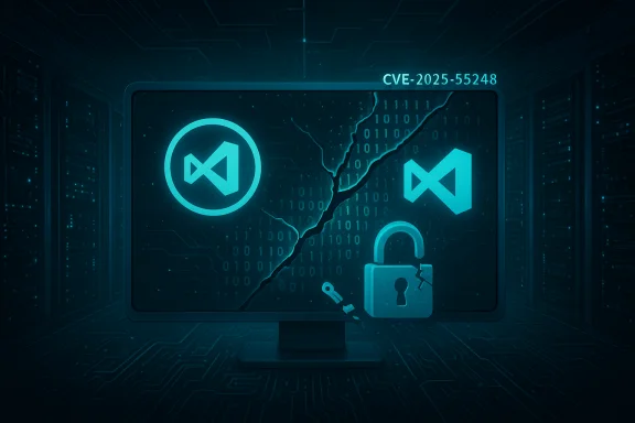 Neon blue monitor cracked in two, with CVE-2025-55248, Visual Studio logos, and a padlock.