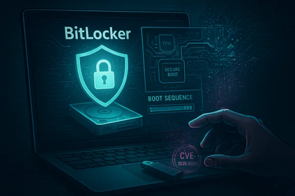Laptop screen shows BitLocker security shield, boot sequence, and secure-boot icons. Laptop screen shows BitLocker security shield, boot sequence, and secure-boot icons.