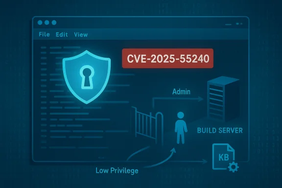 Illustration of a software vulnerability CVE-2025-55240, showing admin access, a build server, and low-privilege path.