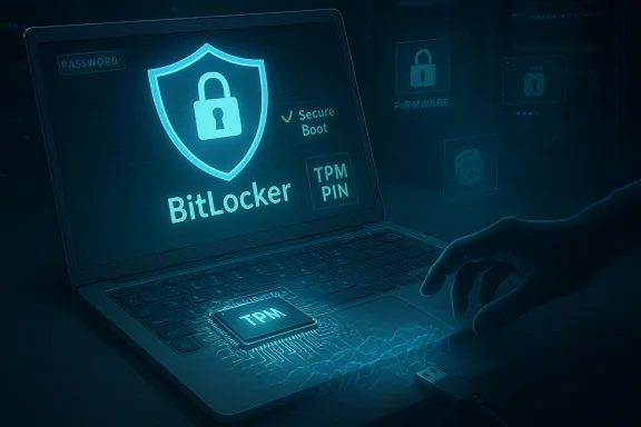 Blue-tinted laptop screen shows BitLocker with a padlock shield and TPM chip. Blue-tinted laptop screen shows BitLocker with a padlock shield and TPM chip.