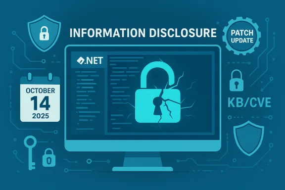 Information disclosure alert: cracked lock on a .NET system with a patch update graphic.