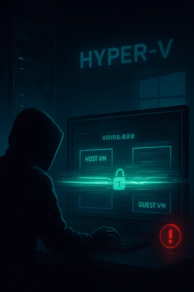 A hooded hacker at a Hyper-V server, managing host and guest VMs with a glowing lock.