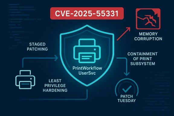 CVE-2025-5331: PrintWorkflow UserSvc security diagram with patching and memory corruption containment.
