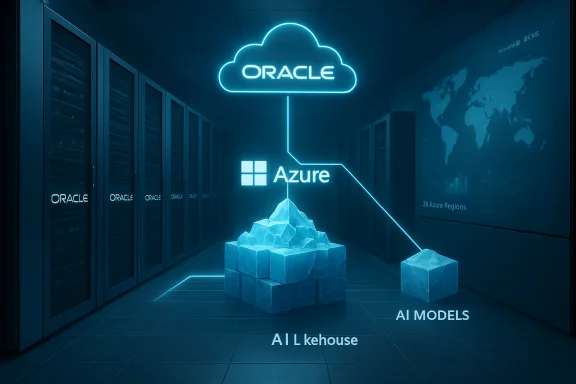 A neon Oracle cloud connects Azure Lakehouse to AI models in a data center.