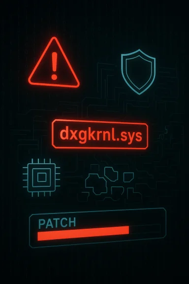 Cybersecurity scene with a red warning triangle, shield icon, and a dxgkrnl.sys patch progress bar.