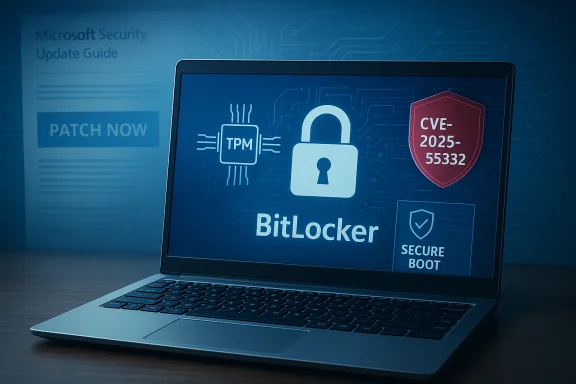 Laptop displays BitLocker with TPM, a padlock icon, CVE-2025-55332 shield, and Secure Boot. Laptop displays BitLocker with TPM, a padlock icon, CVE-2025-55332 shield, and Secure Boot.