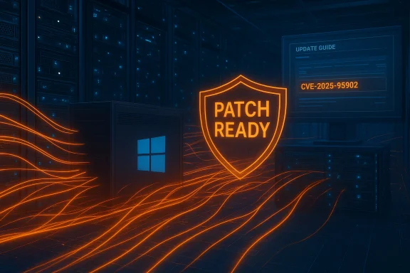 Data center scene with a glowing PATCH READY shield, Windows server, and CVE-2025-95902 update guide.