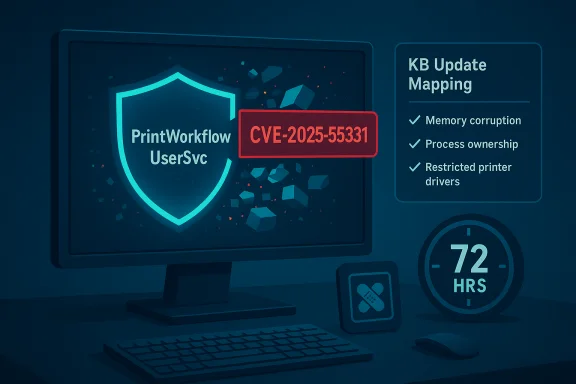 CVE-2025-55331 vulnerability detected in PrintWorkflow UserSvc; 72-hour patch window.