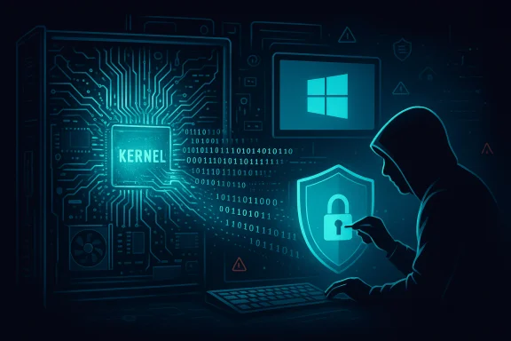 A hooded hacker at a computer, with a glowing kernel chip and shield amid streams of binary.