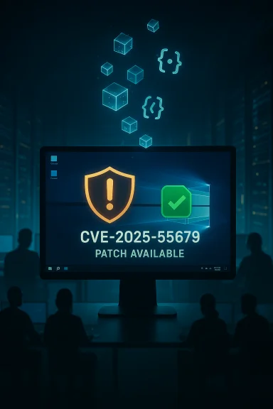 Monitor displays CVE-2025-55679 patch available with shield icon in a data center.