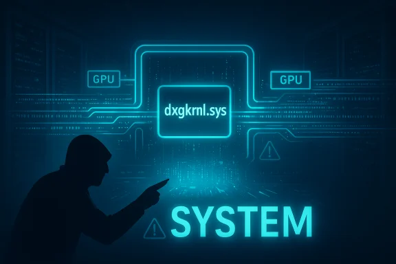 Silhouette hacker points at a neon display of dxgkrnl.sys, with GPU paths and the word SYSTEM.