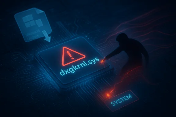 A silhouette touches the dxgkrnl.sys chip on a circuit board, with a red warning symbol.