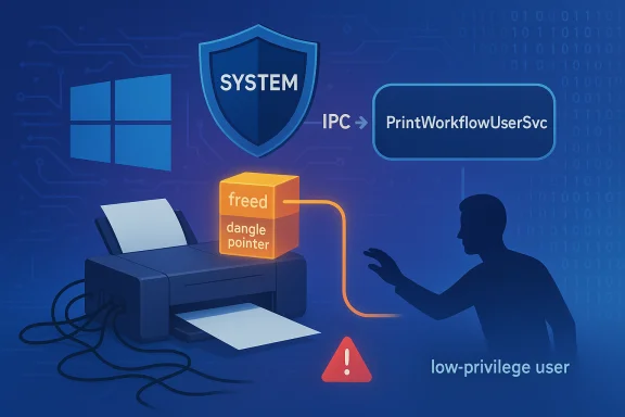 Low-privilege user exploits a dangling-pointer bug in PrintWorkflowUserSvc via IPC to gain SYSTEM access.