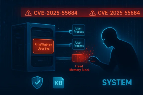 Security breach diagram: attacker frees a memory block under CVE-2025-55684.