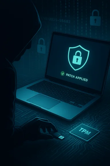 A hooded figure patches a laptop, displaying a 'PATCH APPLIED' shield with a TPM chip nearby. A hooded figure patches a laptop, displaying a 'PATCH APPLIED' shield with a TPM chip nearby.
