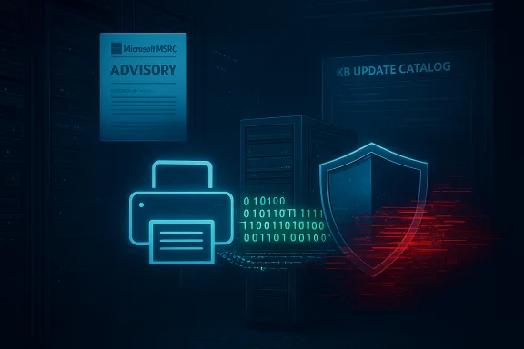 Neon data-center scene with a glowing lock, shield, and MSRC advisory sign.