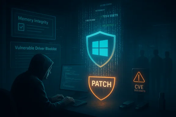 A hooded coder at a computer in a dim data center, with Windows shield and patch security icons.