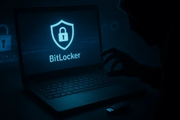 A laptop screen displays the BitLocker shield logo beside a shadowy figure in a dark setting.