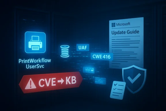 Blue holographic data center scene with icons for updates, security, CVE, and CWE-416.