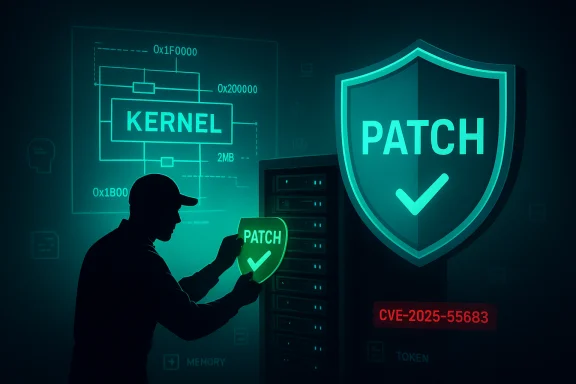 A silhouette patches a PATCH shield beside a kernel diagram and server rack.