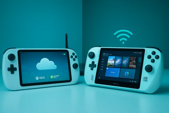 Two white handheld gaming consoles under teal light, one with a cloud logo and the other a home screen with Wi‑Fi.