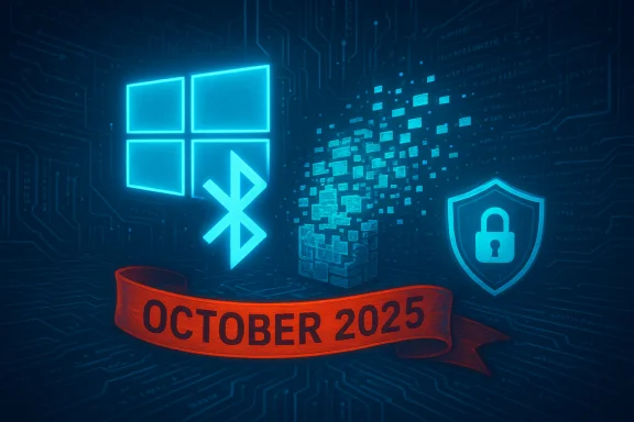 Blue neon tech collage showing Windows and Bluetooth icons, a shield, and an October 2025 ribbon.