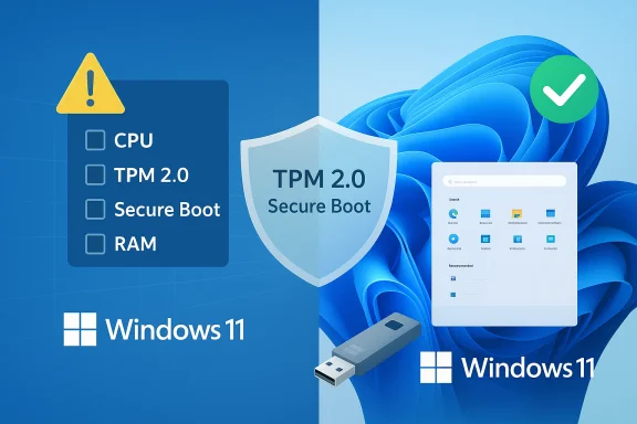 Windows 11 readiness: a checklist (CPU, TPM 2.0, Secure Boot, RAM) with a shield emblem.