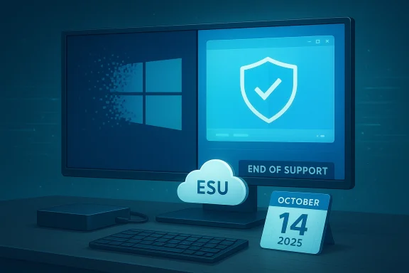 Blue-toned desktop with Windows logo, security shield, ESU cloud, and October 14, 2025 calendar.