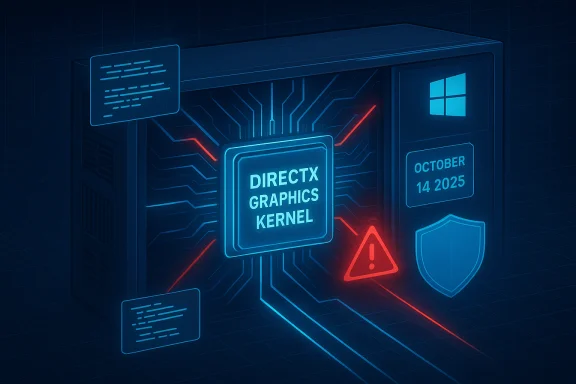 Futuristic server showcasing DirectX Graphics Kernel with Windows panel, date, shield and warning icons.