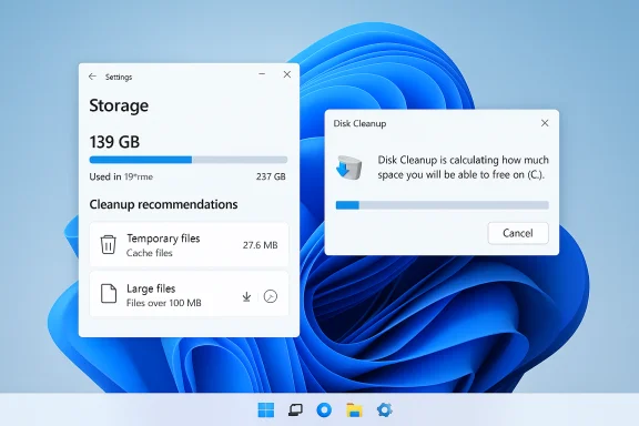 Windows 11 storage settings window with Disk Cleanup progress dialog.