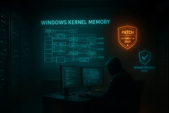 Hooded hacker monitors Windows kernel memory diagram projected on a wall in a dim data center.
