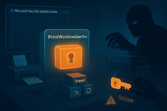 Hooded hacker breaches security via PrintWorkflowUserSvc, symbolized by a glowing lock and key.