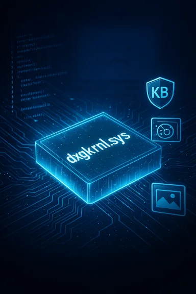 A glowing blue chip on a circuit-board background, surrounded by security icons and a KB shield.