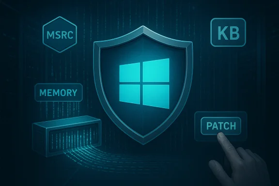 Windows security shield with patching, memory, and MSRC/KB icons and a pointing hand.