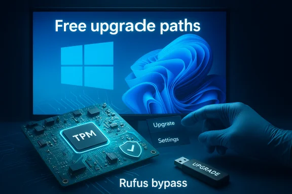 Hand hovers over a TPM board and USB drive as Windows shows 'Free upgrade paths' and 'Rufus bypass'.