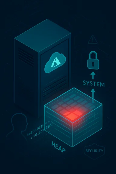 Isometric illustration of a secure cloud server with system heap memory and a security shield.