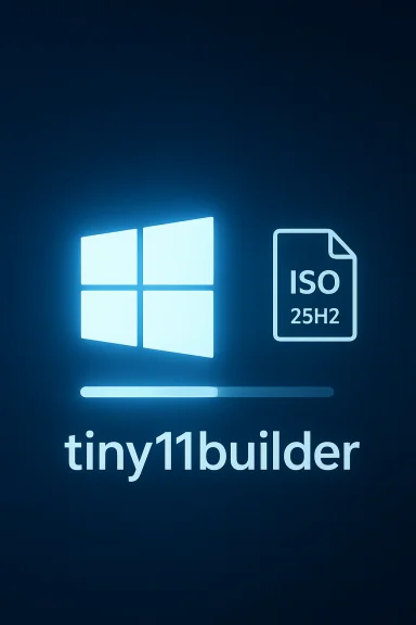 Blue Windows logo with an ISO 25H2 icon and a tiny11builder progress bar.