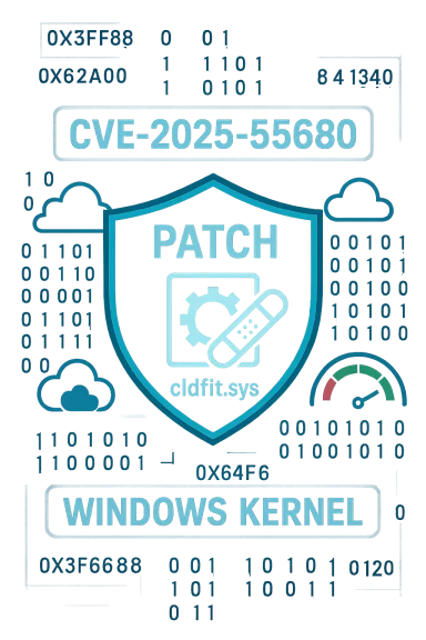 Shield emblem promoting a patch for Windows kernel vulnerability CVE-2025-55680.
