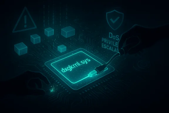 Glowing circuit-board chip labeled dxkrnl.sys, as a hand initiates privilege escalation.