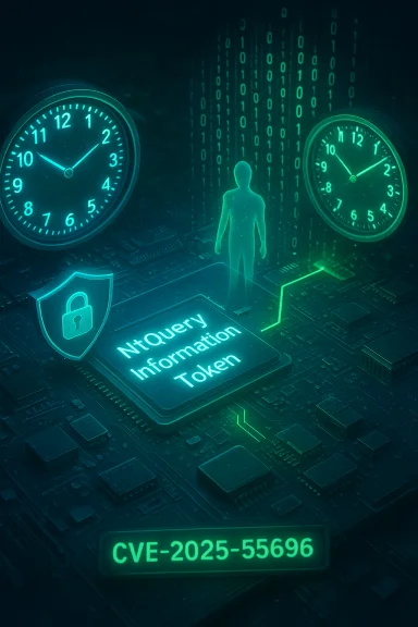 Cybersecurity scene with clocks, a human figure, binary streams, and an NTQuery Information Token.
