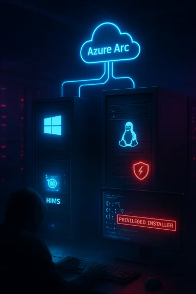 A dark server room with neon Azure Arc cloud, Windows and Linux logos, and a monitor labeled “PRIVILEDGED INSTALLER.”