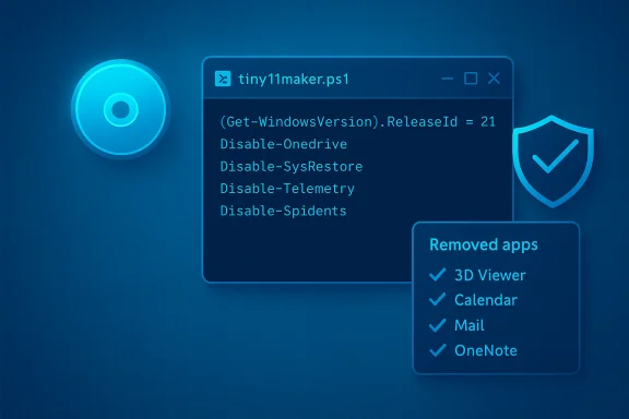 PowerShell script disables OneDrive, telemetry, and lists removed Windows apps.