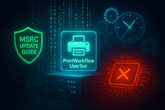 Neon-tech scene featuring MSRC Update Guide shield, PrintWorkflow UserSvc icon, and a red X on circuitry.