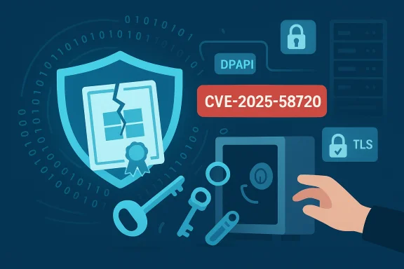 Cybersecurity illustration depicting CVE-2025-58720 vulnerability with keys, DPAPI, and TLS.