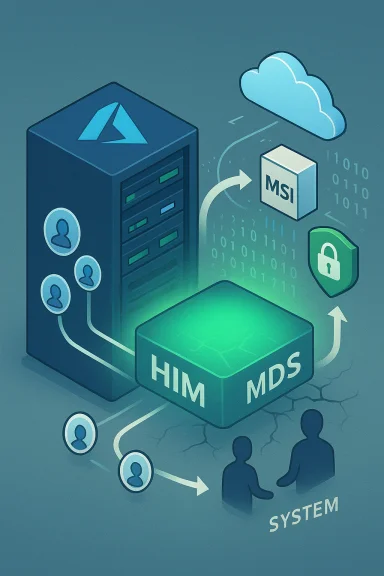 A data center links to cloud and a secure HIM MDS platform with users and system access.